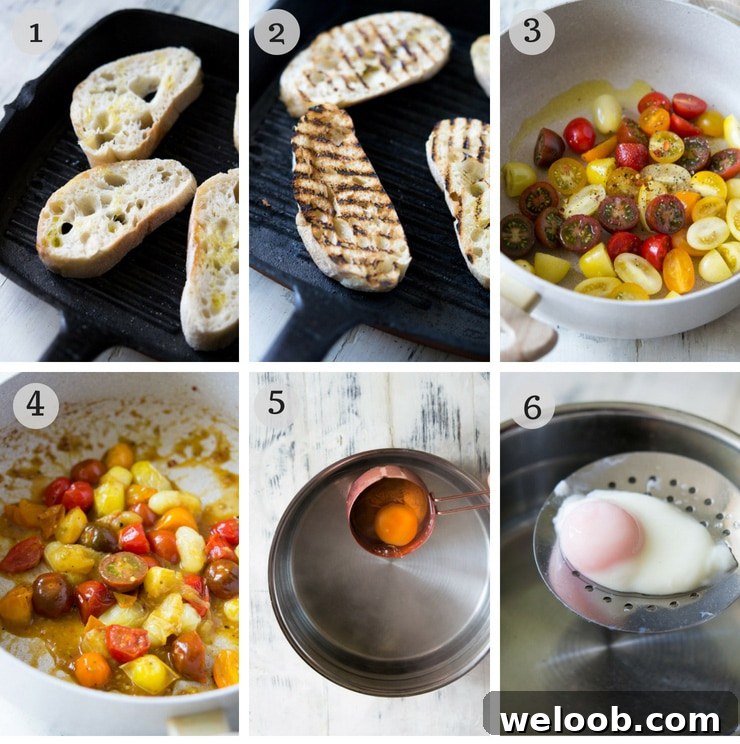 step by step photos for making tomato breakfast crostini with poached eggs