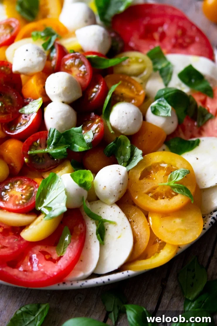 A close up of a classic caprese salad with different coloured tomatoes