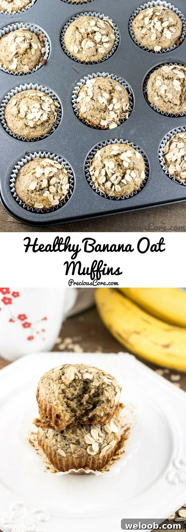 Collage with text "Healthy Banana Oat Muffins."