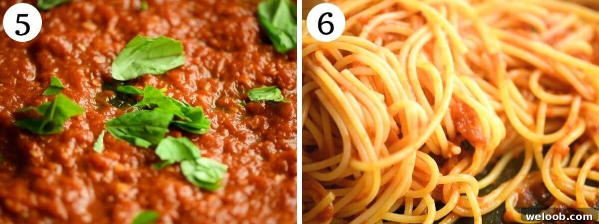 Two photos in a collage showing a finished tomato sauce and tomato sauce with spaghetti