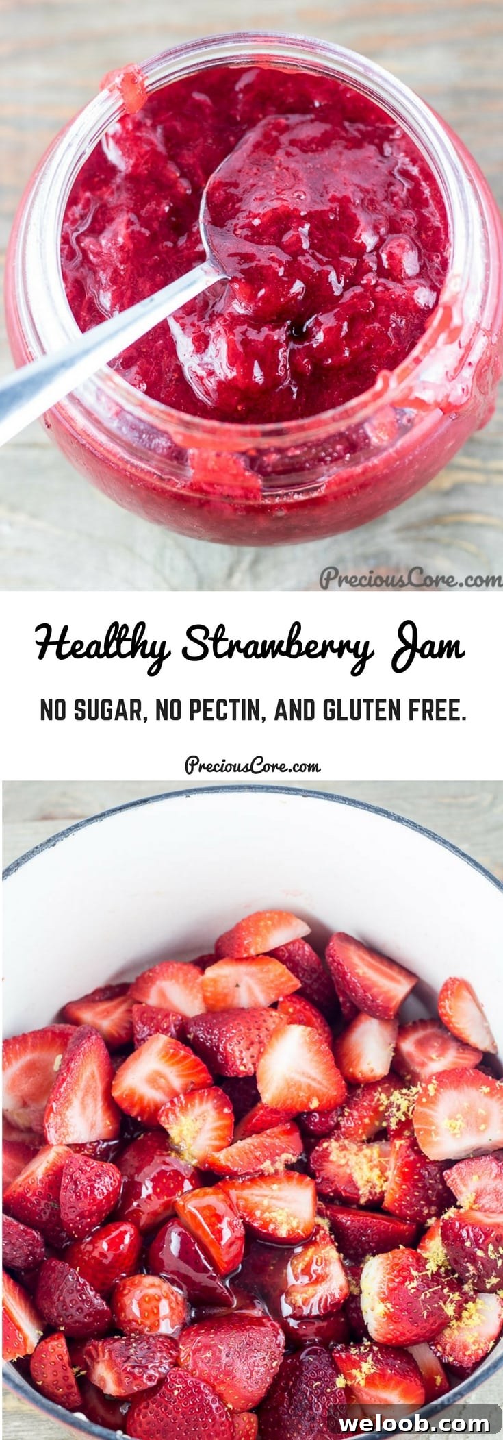 Collage with text "Healthy Strawberry Jam No Sugar, No Pectin, and Gluten Free."
