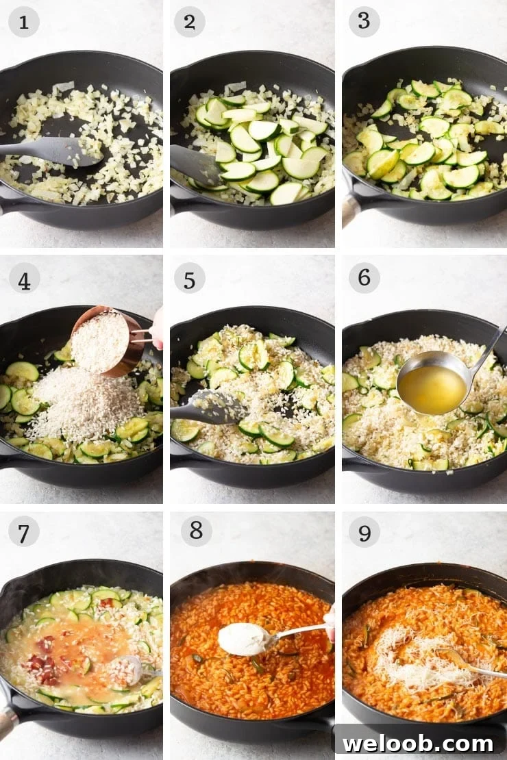 Step by step photos for making creamy tomato risotto