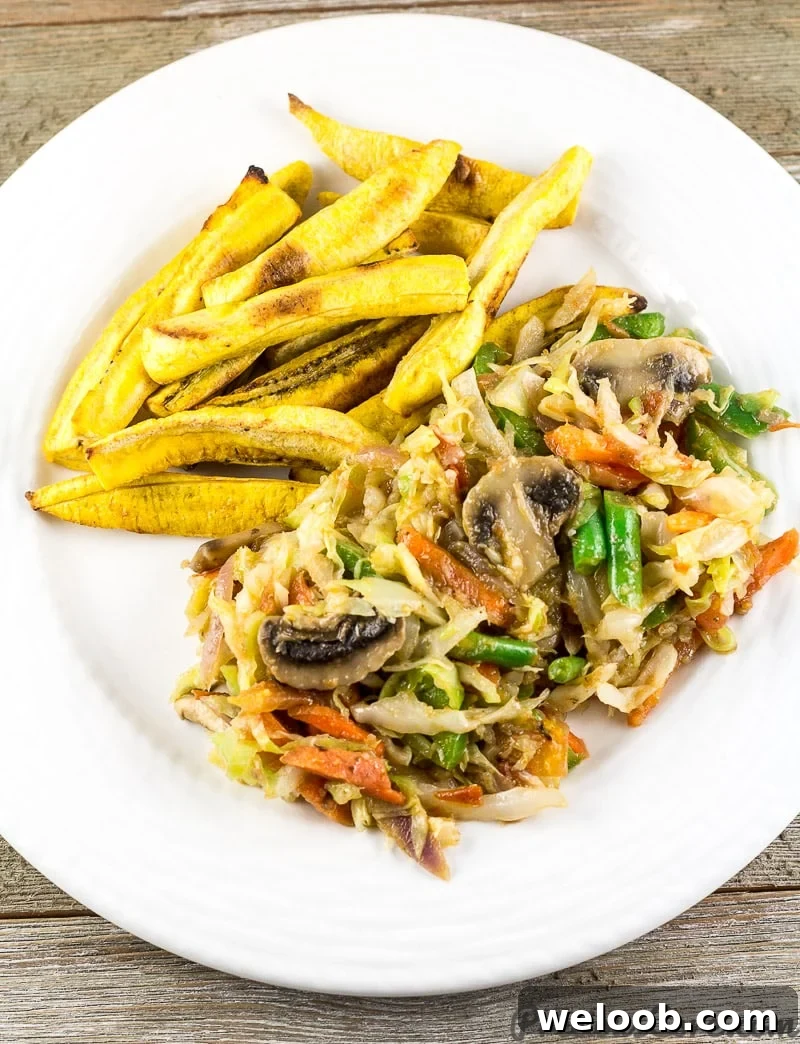 Cameroon Cabbage stew and plantains. Mixed vegetables with cabbage.