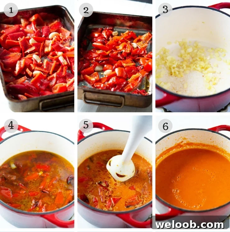 Step by step photos for making roasted red pepper soup