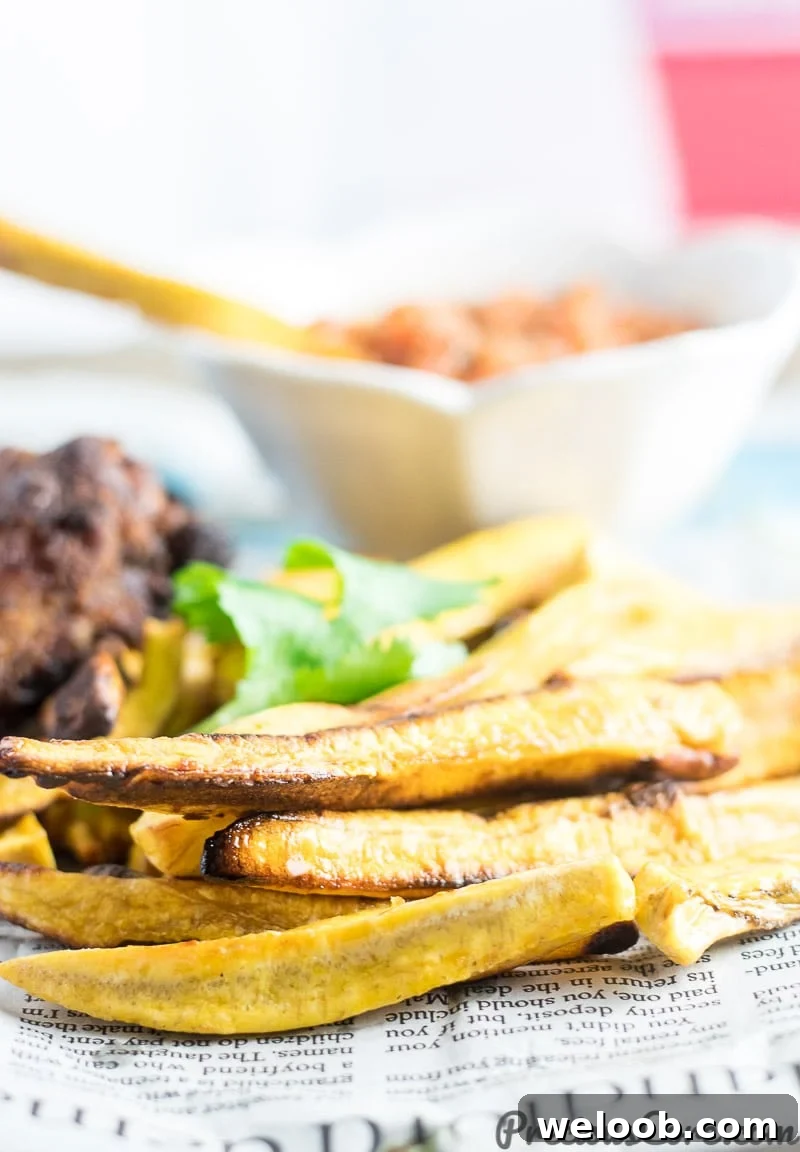 Close up of fries made with semi-ripe plantains.