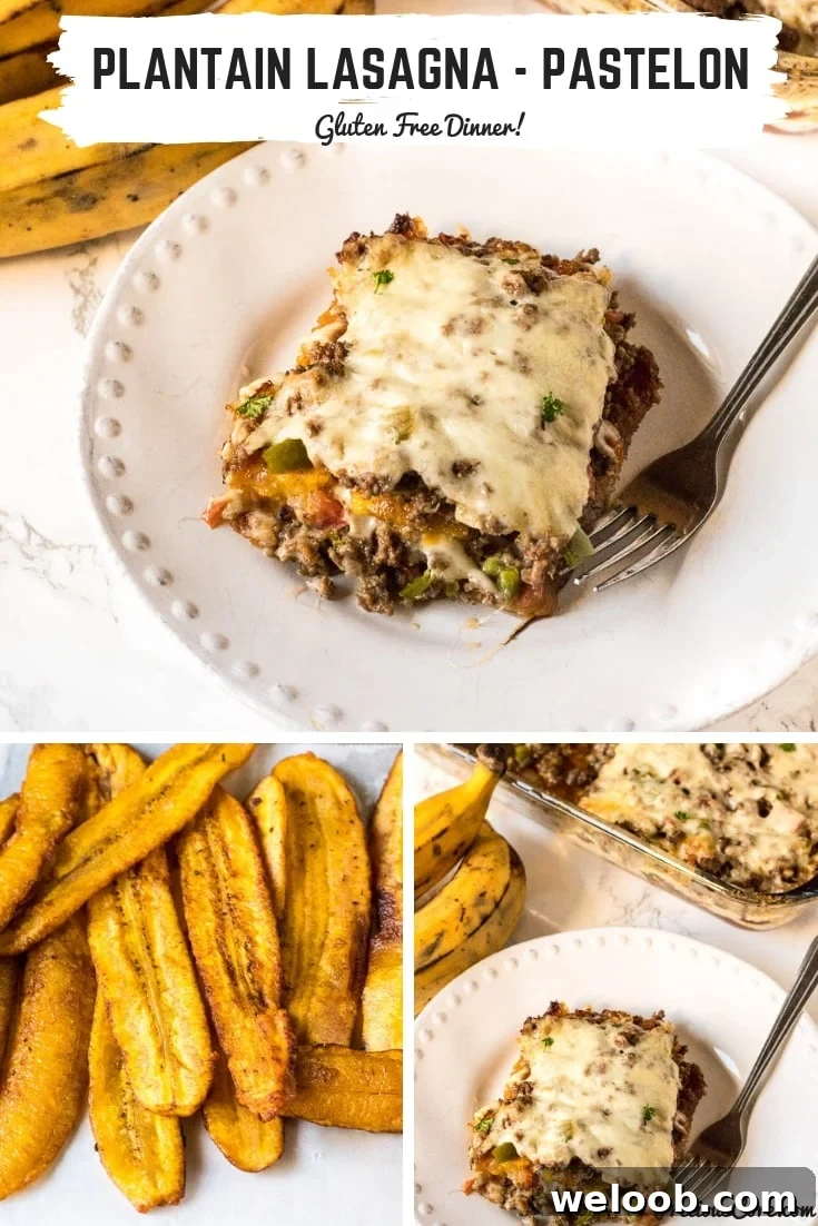 Collage with text "Plantain Lasagna - Pastelon Gluten Free Dinner!"