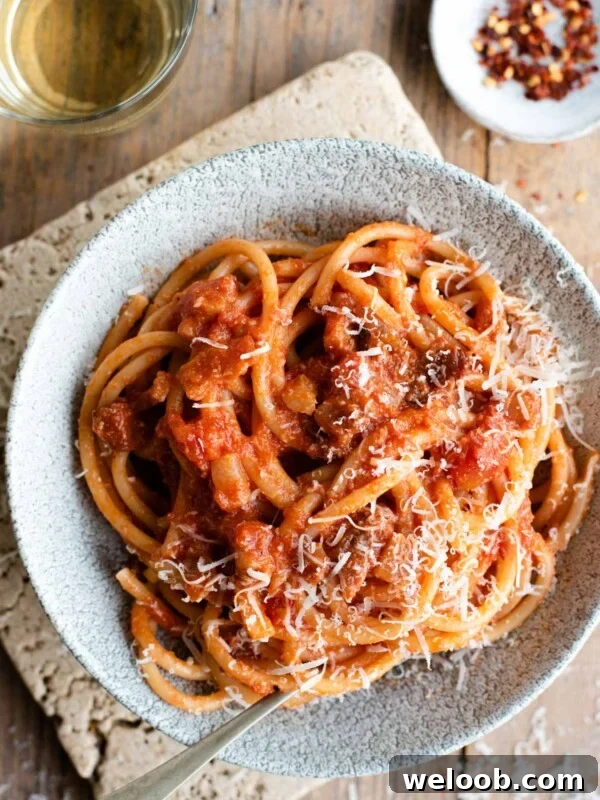 An overhead shot of a bowl of Bucatini all'Amatriciana topped with pecorino cheese