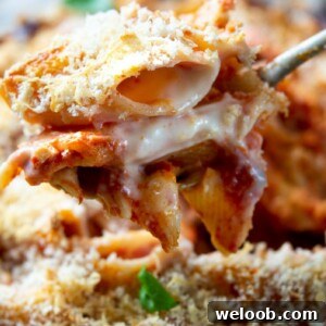A close up of cheesy tomato baked pasta on a serving spoon.