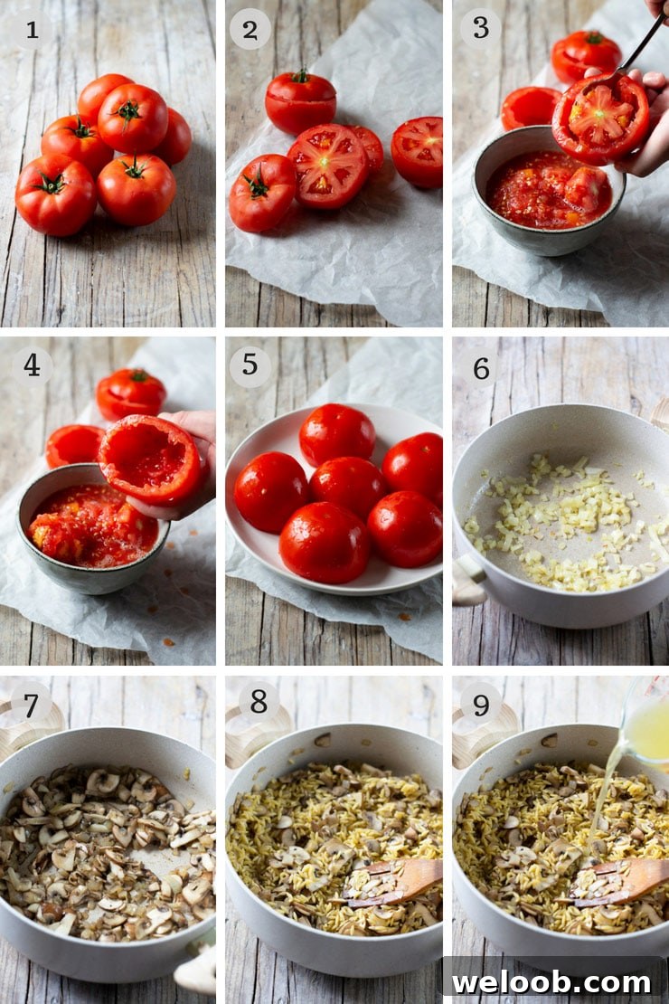 Step by step photos for making baked stuffed tomatoes with orzo pasta