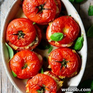 A square image of baked stuffed tomatoes in a baking dish