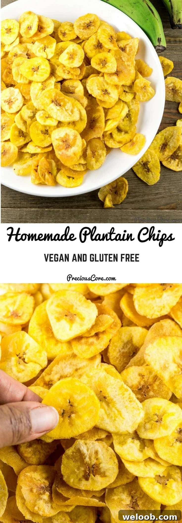 Collage with text "Homemade Plantain Chips Vegan and Gluten Free."