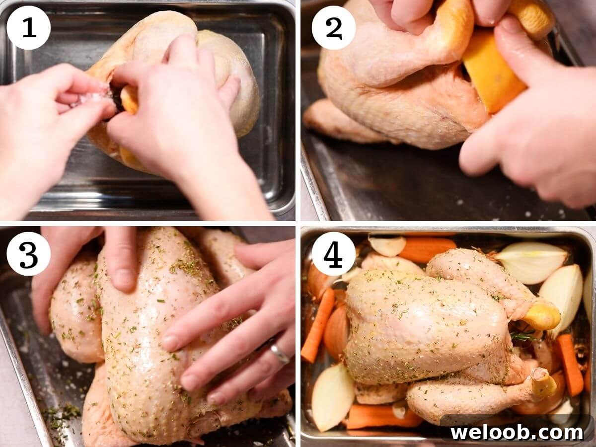 Four photos in a collage showing how to prepare a chicken for roasting.