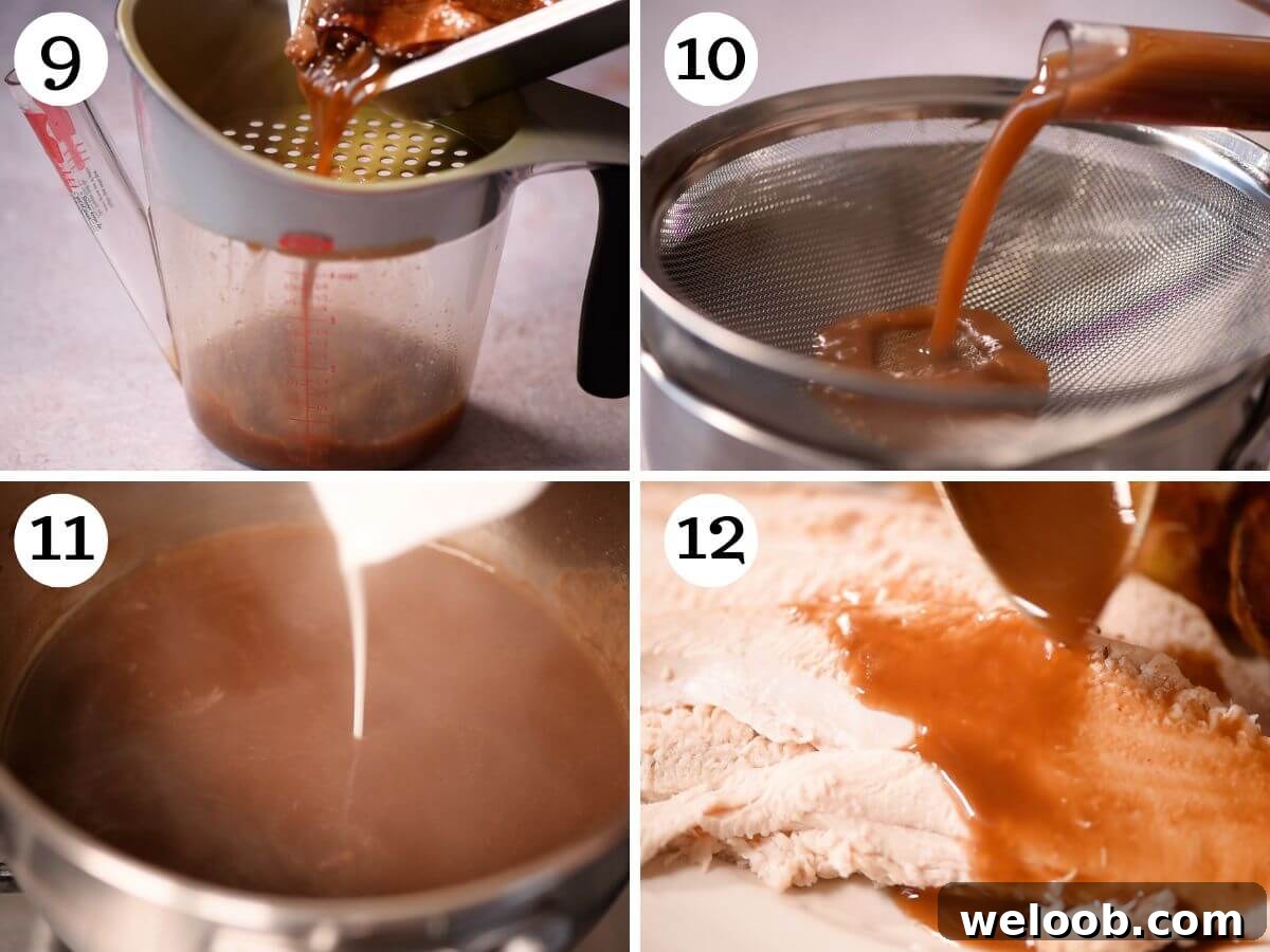 Four photos in a collage showing how to strain and thicken a gravy.