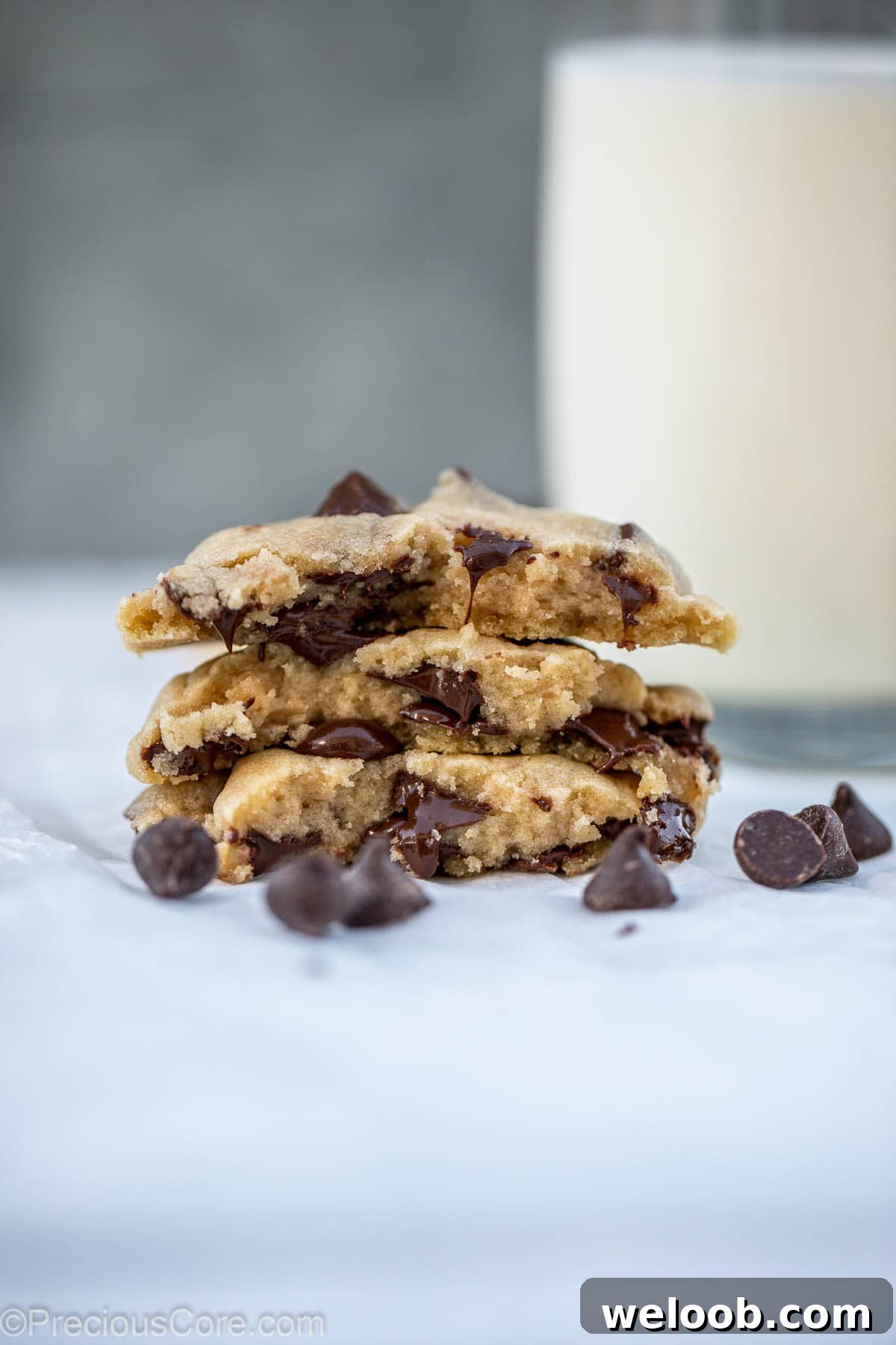 Stack of chocolate chip halves showing chocolatey inside.