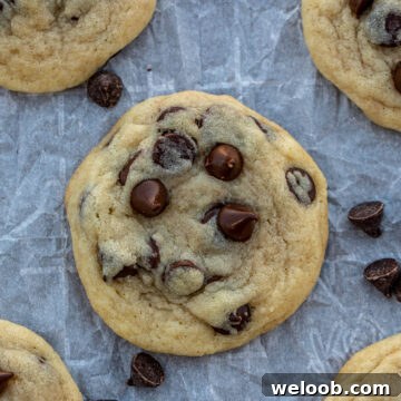 Chocolate chip cookies on parchment paper with chocolate sprinkles lying around.