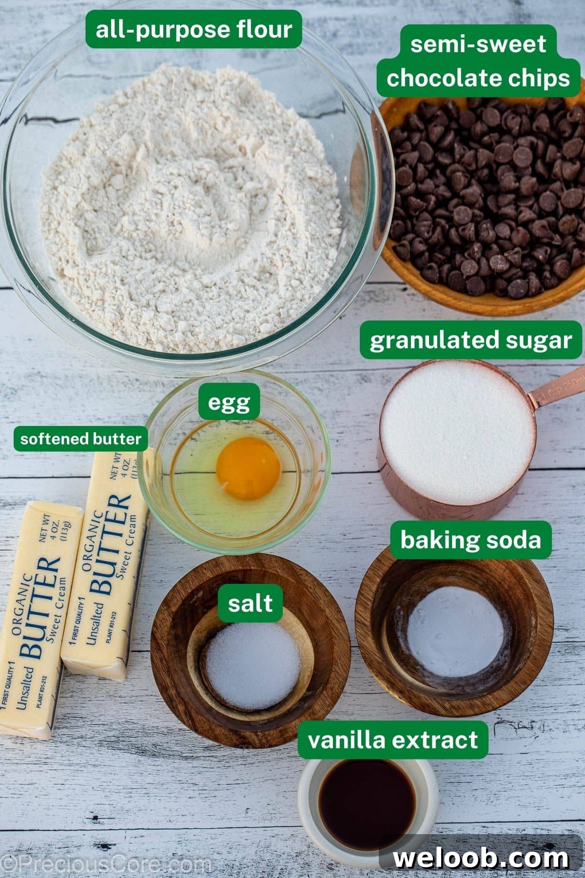 Ingredients for chocolate chip cookies, with labels.