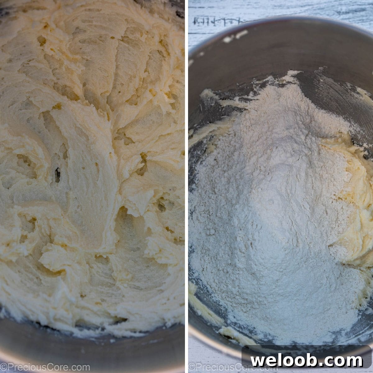 Collage of creamed butter and sugar, and adding flour for cookie dough.
