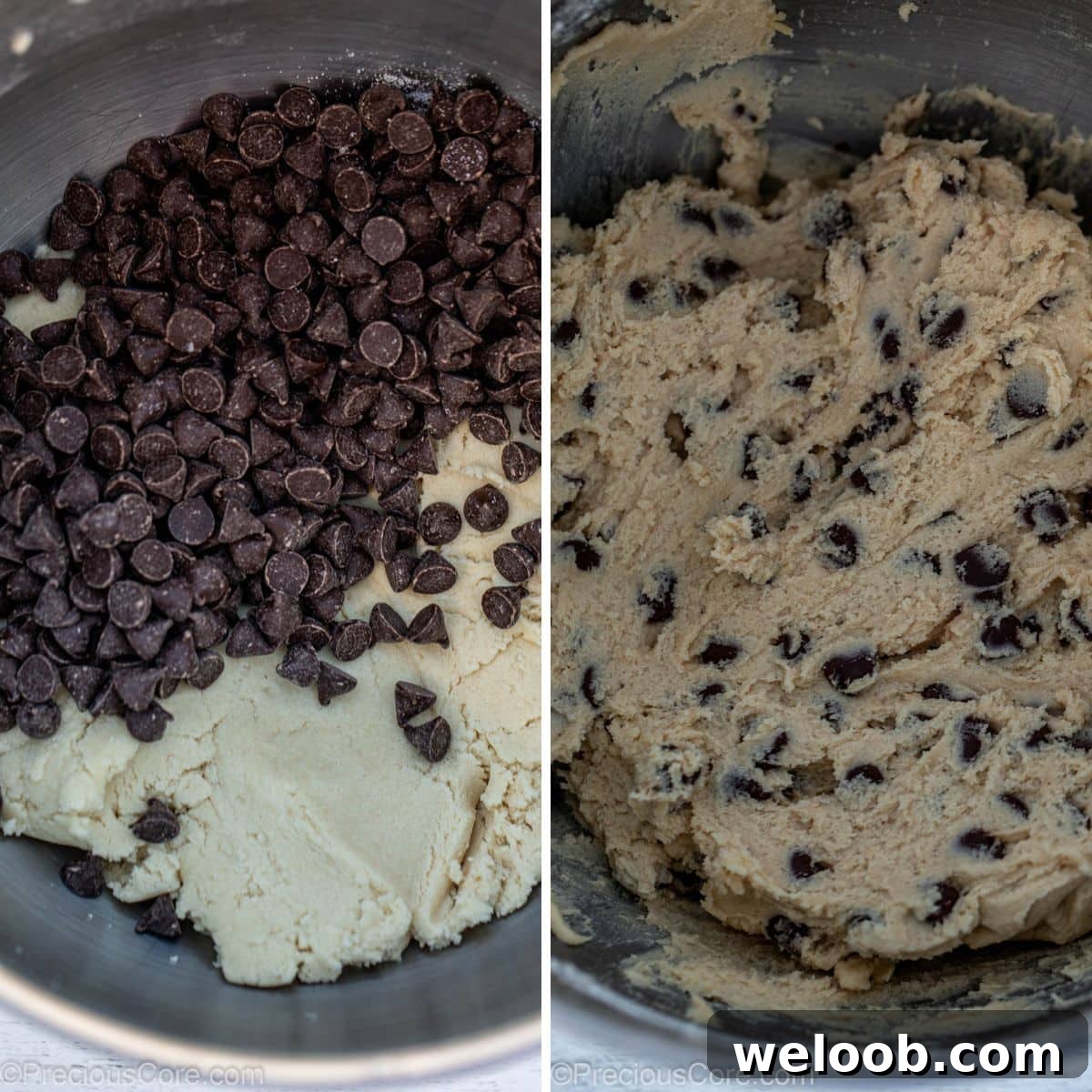 Collage of chocolate chips added to dough and cookie dough. 
