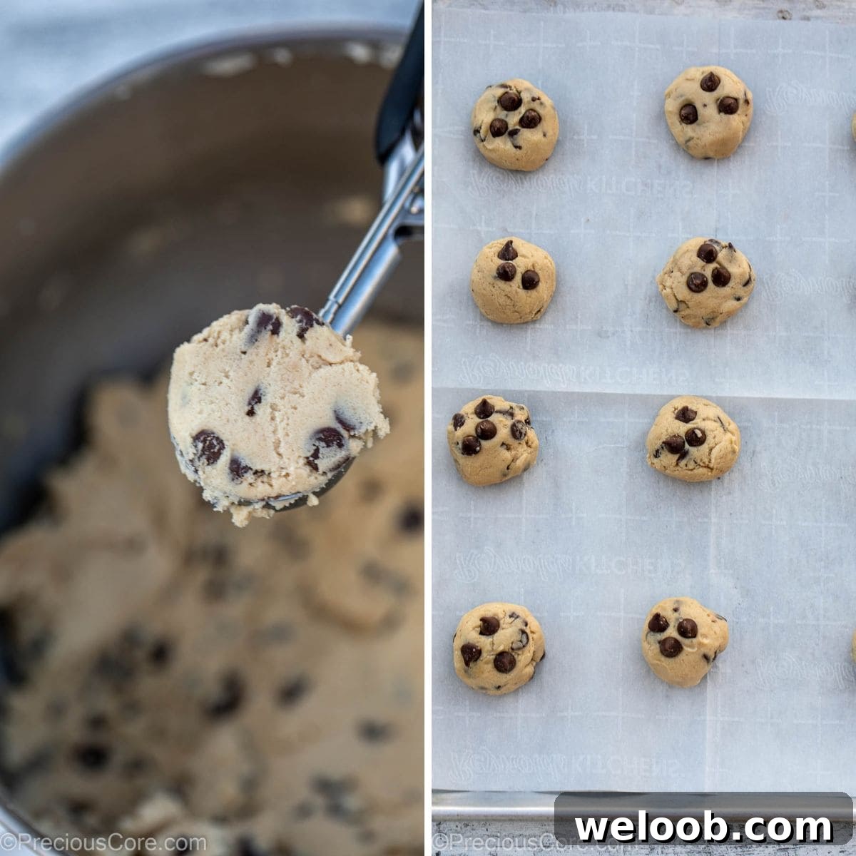 Scooping cookie dough and cookie dough on tray collage.