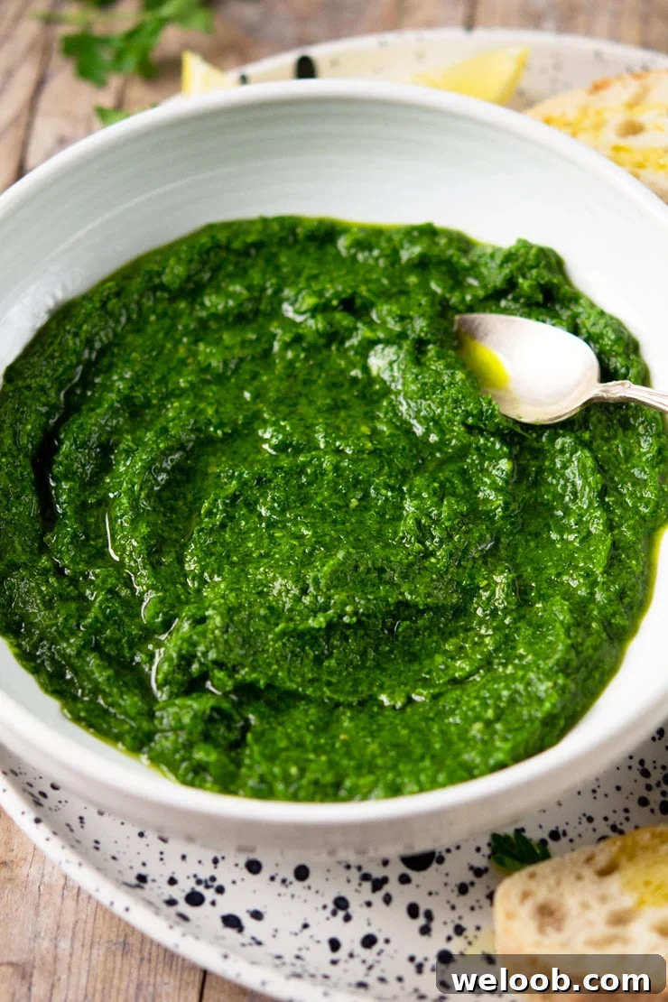 A close up of parsley pesto in a white bowl 