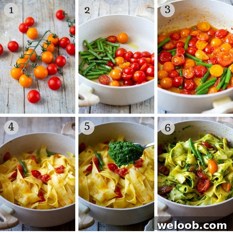 Step by step photos for making pesto pasta with green beans