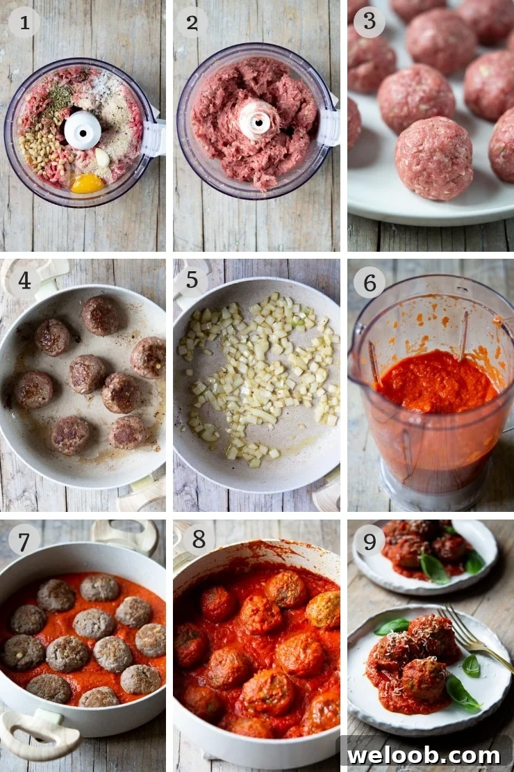 Step by step photos showing how to make Italian polpette meatballs from scratch with a tomato sauce
