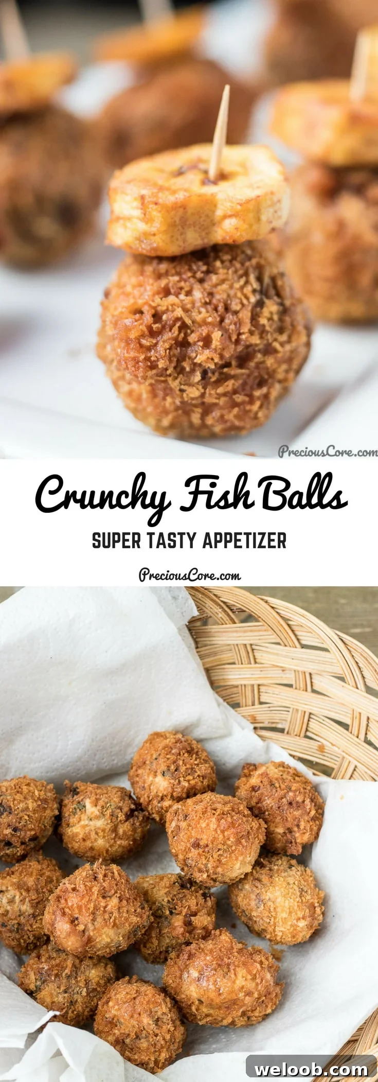 Collage with text "Crunchy Fish Balls Super Tasty Appetizer."