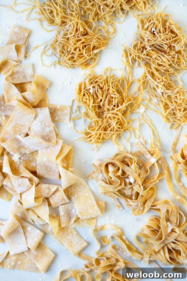 An overhead shot of different fresh pasta shapes made with homemade pasta dough