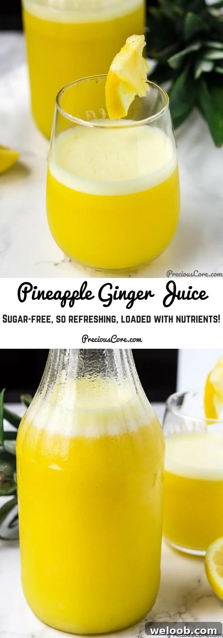 Collage with text "Pineapple Ginger Juice Sugar-free, So Refreshing, Loaded with Nutrients!"