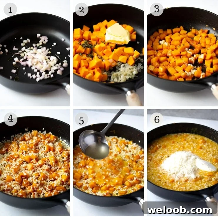 Step by step photos for making a butternut squash risotto