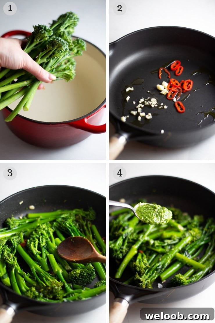 Step by step photos for making sauteed broccolini
