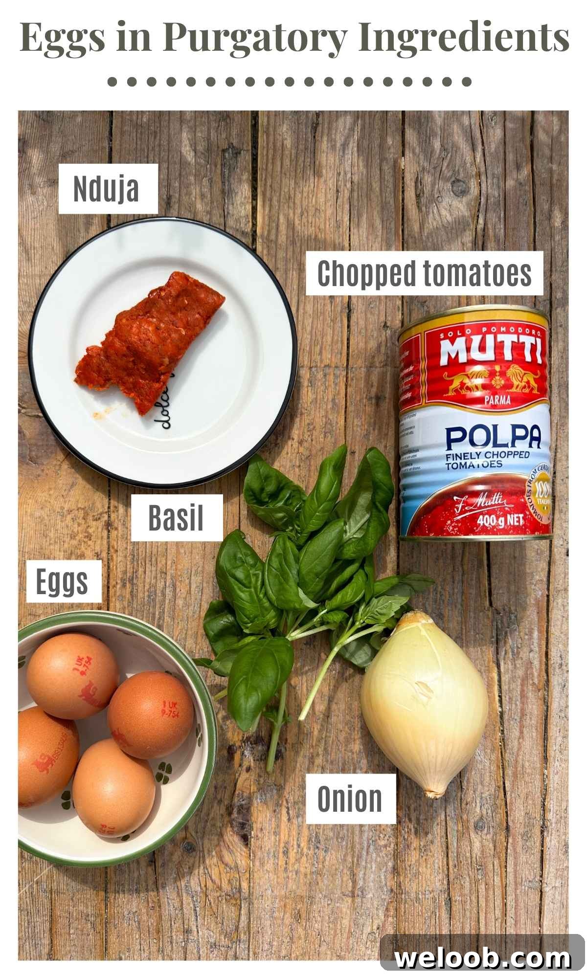 The ingredients to make spicy nduja eggs in purgatory on a rustic wooden surface. The ingredients are labelled: Nduja, chopped tomatoes, onion, basil, eggs.