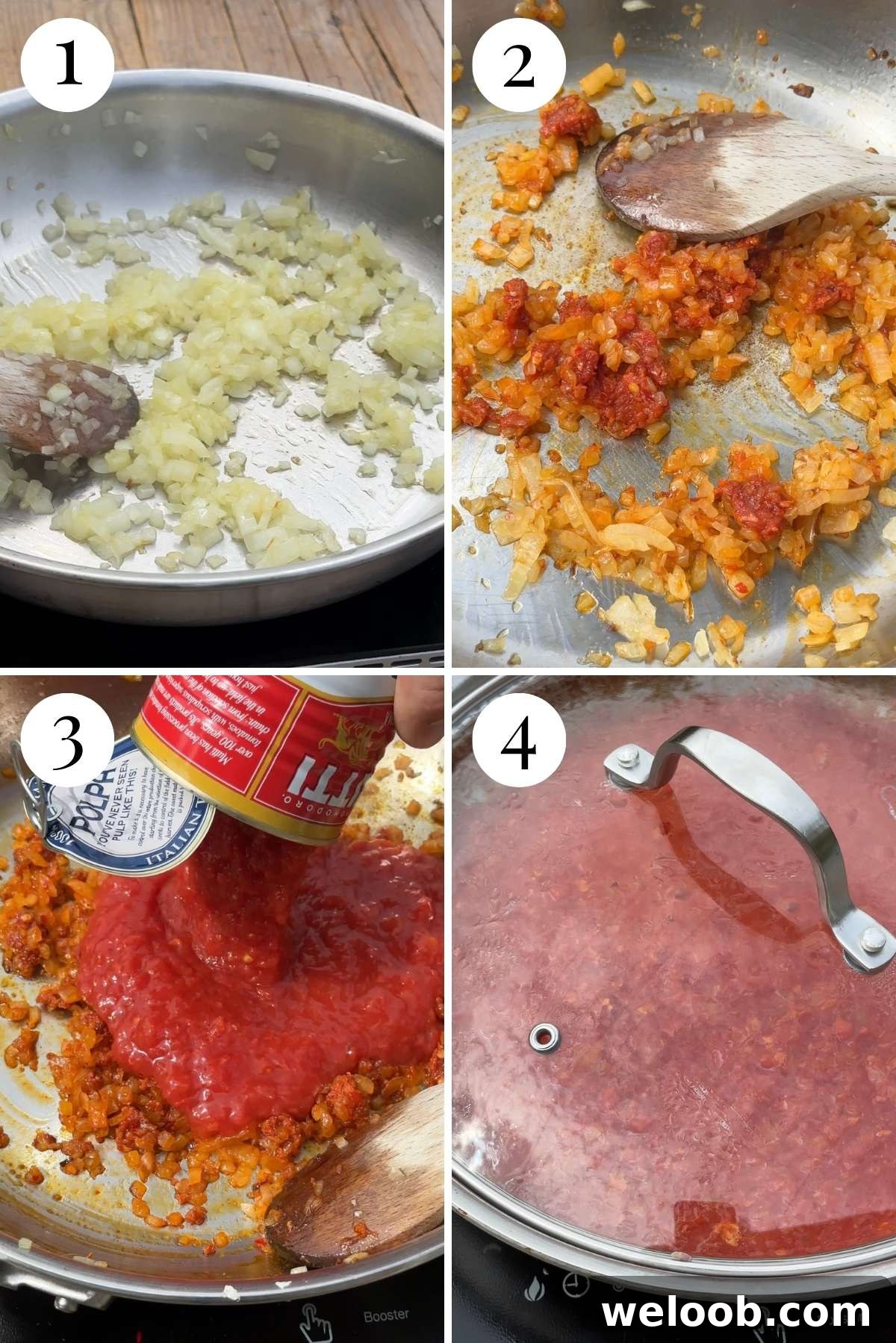 Four photos in a collage showing how to make a tomato sauce with onion and nduja.