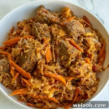 A square image of cabbage and beef stew