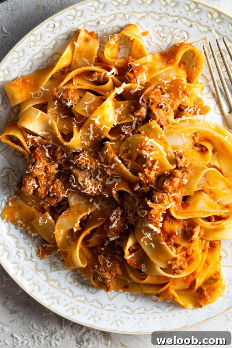 A close up of pappardelle pasta with duck ragu