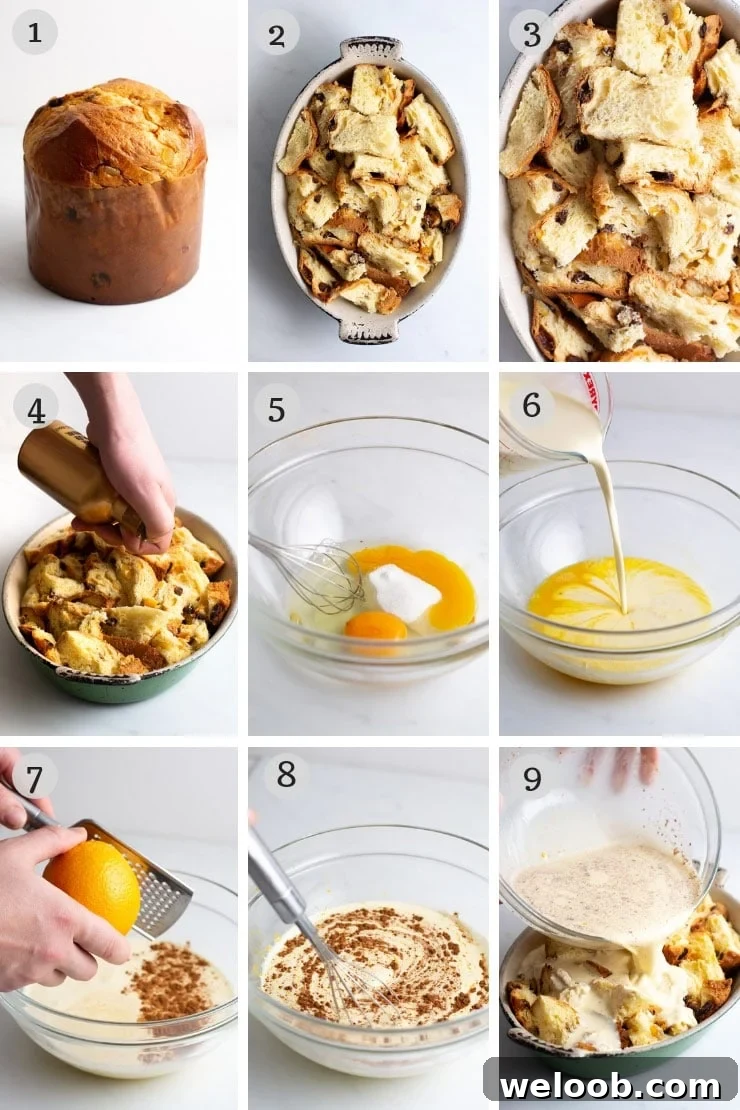 Step by step photos for making panettone bread pudding from scratch