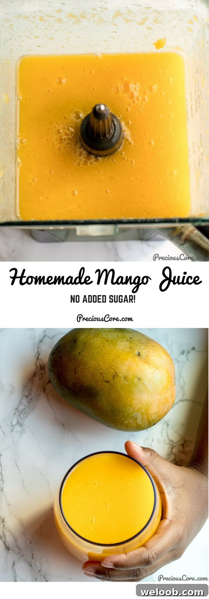Collage with text "Homemade Mango Juice No Added Sugar!"