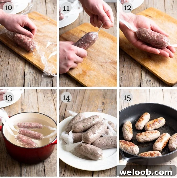 Step by step photos for rolling up homemade sausage
