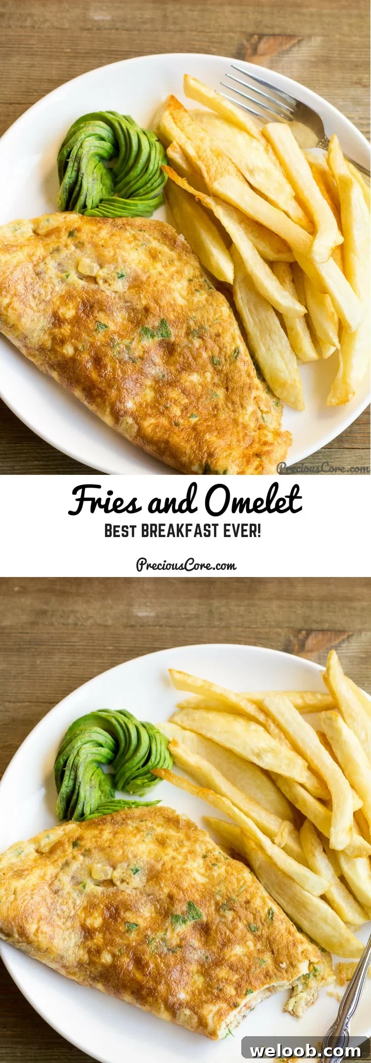 Collage of food with text "Fries and Omelet Best Breakfast Ever!"