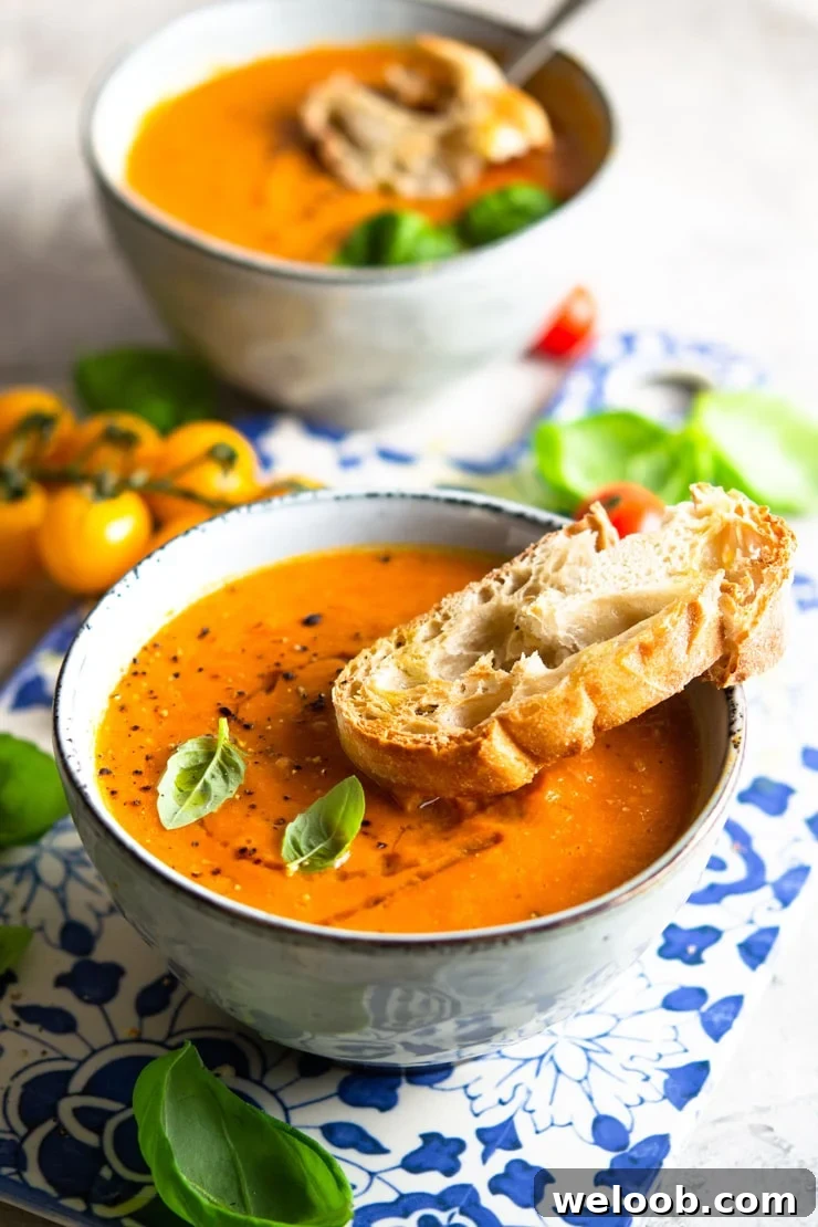 A close up of a bowl of roasted tomato soup with a slice of crusty bread at the side and garnished with basil