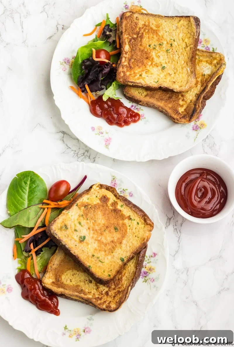 Savory French Toast served with salad and ketchup.