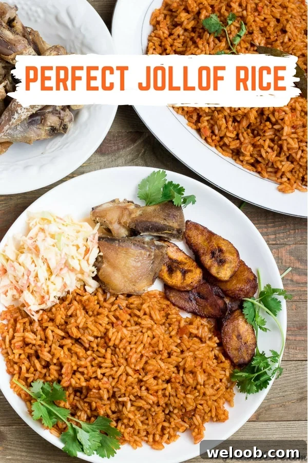 Plates of food with text "Perfect Jollof Rice."