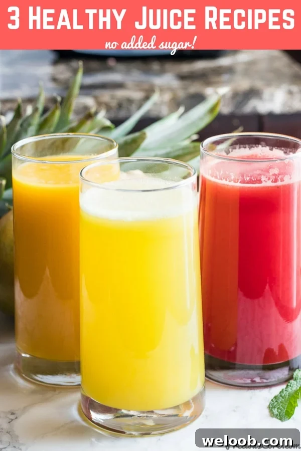 Three glasses of colorful juice.