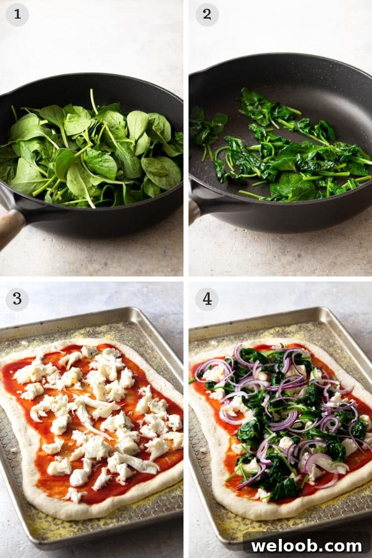 Step by step photos for making a spinach pizza