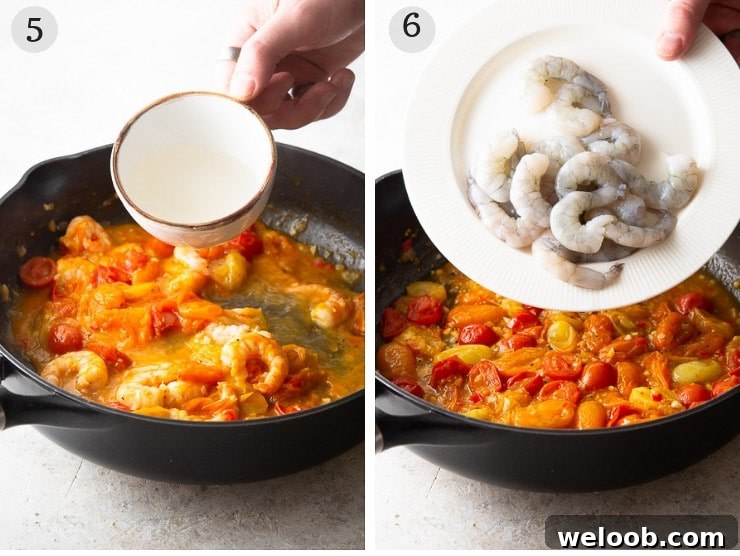 Two step by step photos for adding shrimp to a sauce to make shrimp linguine