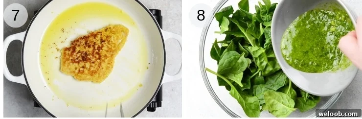 Step by step photos for frying chicken cutlets and making pesto and spinach