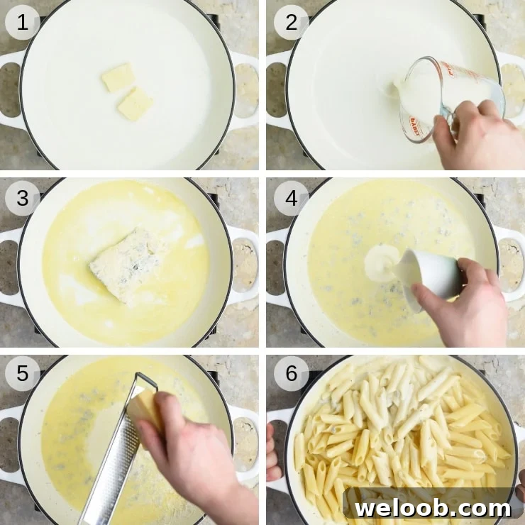 Step by step photos for making penne with creamy gorgonzola sauce