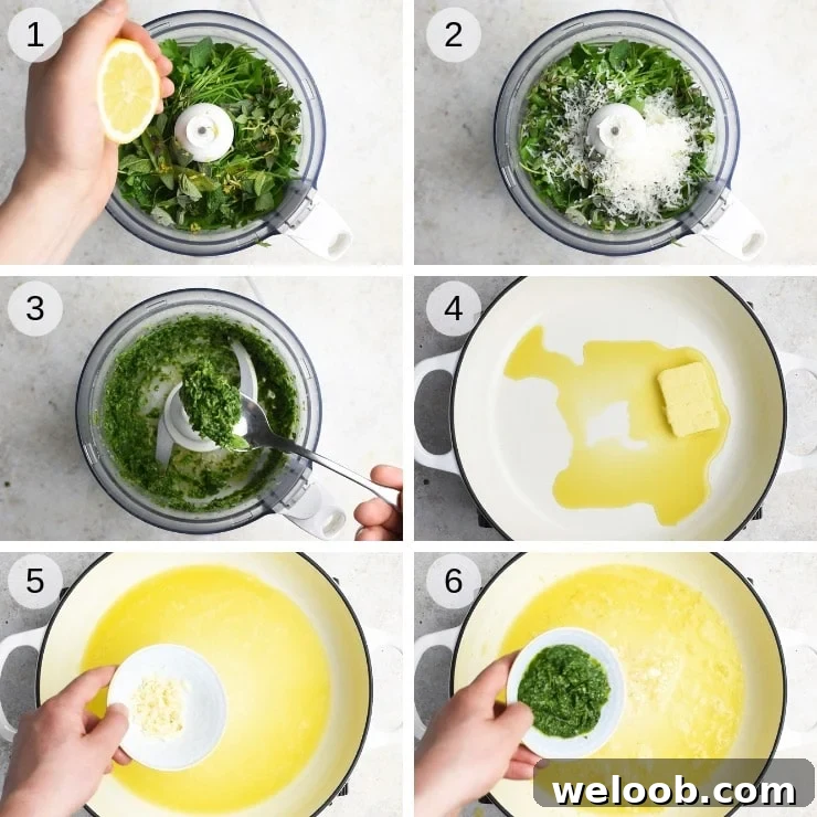 Step by step photos for making herby garlic butter pasta sauce with spaghetti