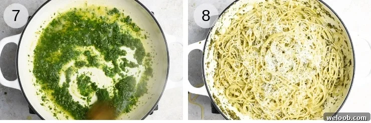 Two process shot of tossing spaghetti with herb garlic butter pasta sauce