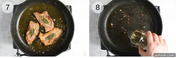 Two shots of making a sauce for veal saltimbocca